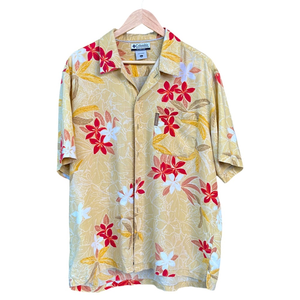 Columbia Mens Large Linen Cotton Blend Button-Down Hawaiian Mustard Floral Shirt